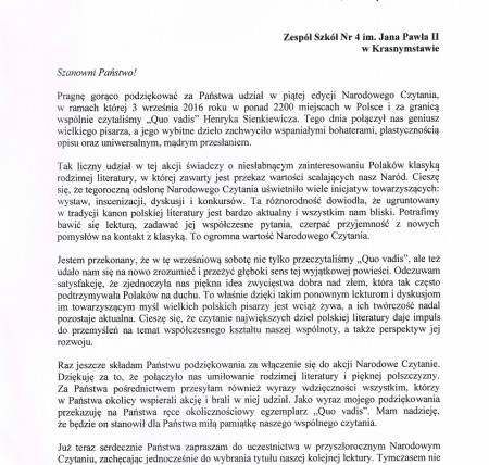 Podziękowanie od Prezydenta RP